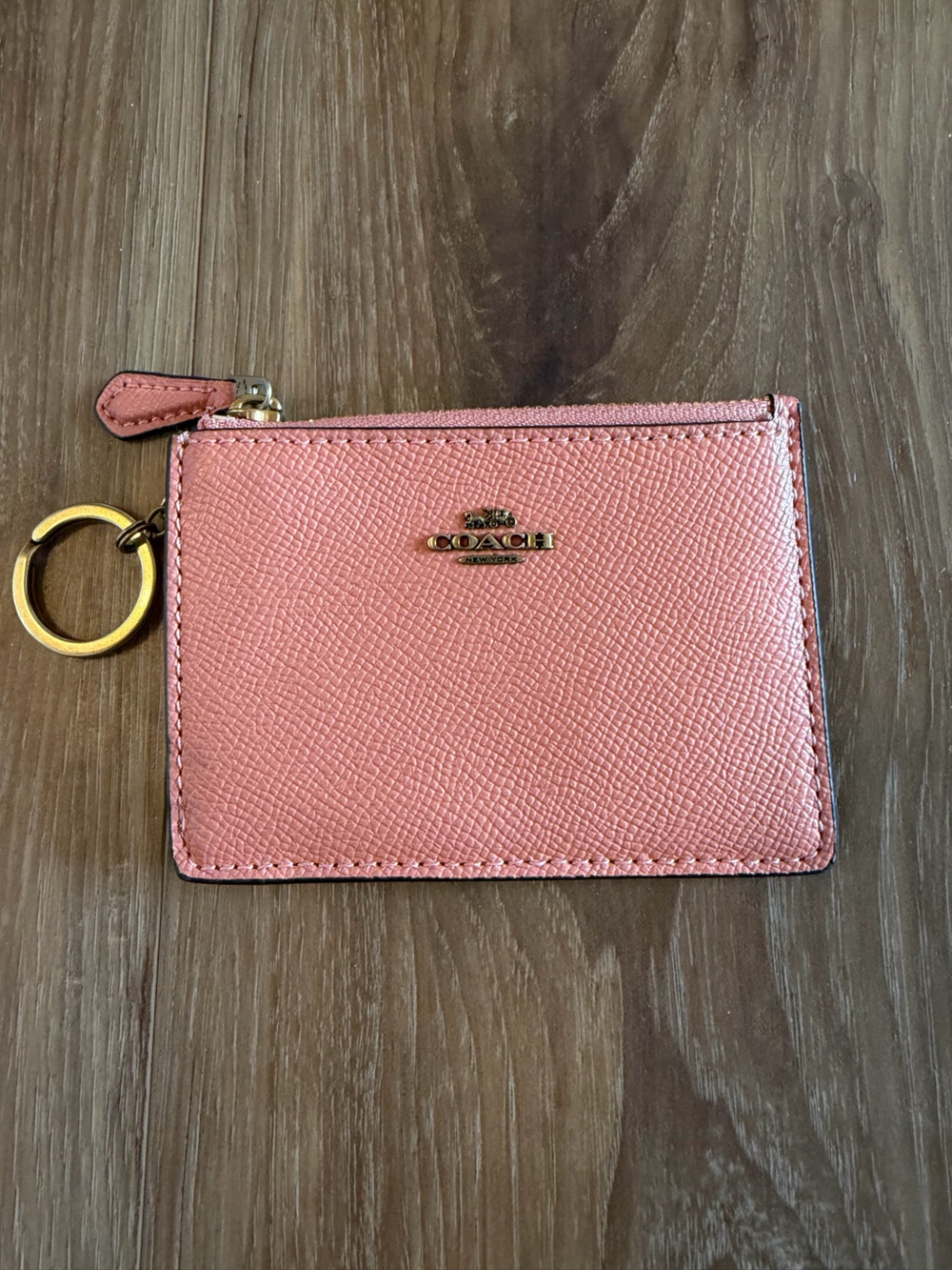 COACH Pink Saffiano Leather Zip Card Case with Gold Key Ring